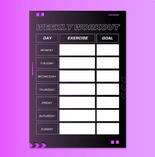 Weekly workout plan chart with scheduled fitness exercises