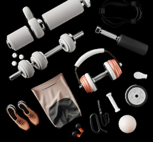 Basic gym equipment including dumbbells, water bottle, and weight machines